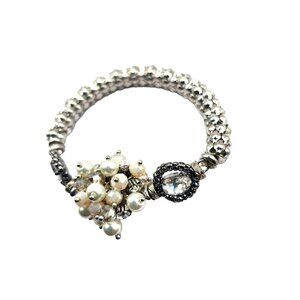 Pretty Silver Tone Faux Pearl crystal bead and Rhinestone textured Bracelet